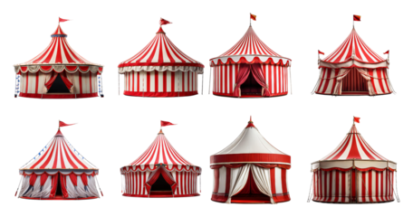 Colorful Circus Tents with Stripes and Flags for Outdoor Events, Bundle Set Collection, Isolated on Transparent Background