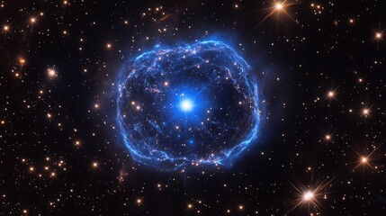 Stunning Celestial Scene Depicting a Blue Nebula with a Bright Central Star and Surrounding Stars in a Vibrant Space Composition.