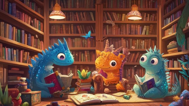 Three friendly dragons reading books in a cozy library setting