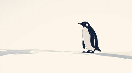 Obraz premium A lone penguin makes its way across a vast, white expanse under soft lighting. The environment creates a serene atmosphere, highlighting the penguin's journey.
