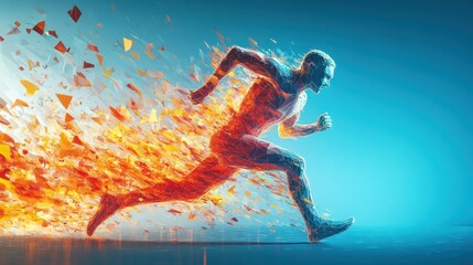 Naklejka premium Abstract runner bursts through fiery geometric shapes