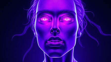 Purple Gaze: A mesmerizing digital art portrait of a woman, her face rendered in a striking shade of purple, with glowing pink eyes that pierce through the darkness.