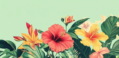 Fototapeta premium Beautiful and vibrant flowers with tropical leaves and a soft background