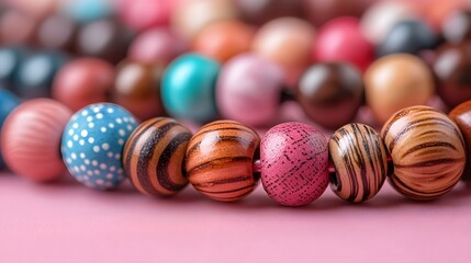 Vibrant Arrangement of Assorted Wooden Beads on Pink Background for Handcrafted Jewelry Inspiration