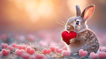 A Lovely Brown Bunny Embracing a Radiant Red Heart Surrounded by Soft Pink Hearts Against a Soothing Pastel Background - Celebrate in Style