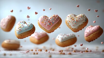 Artistic Display of Floating Heart-Shaped Biscuit Cookies Ideal for Valentine's and Mother's Day, Enhanced with a Tilt-Shift Effect on a White Background
