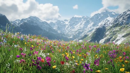Fototapeta premium Vibrant wildflowers bloom in a mountain meadow, snow-capped peaks in the background under a bright, partly cloudy sky.