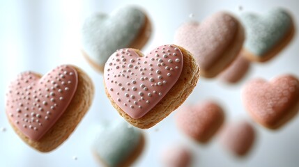 Whimsical Heart-Shaped Biscuit Cookies in Pastel Colors for Valentine's and Mother's Day, Enhanced with a Tilt-Shift Effect Against a White Background
