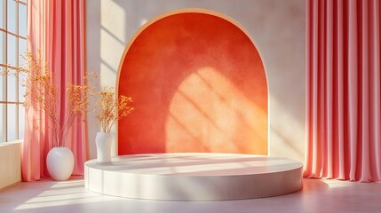 Thoughtfully Designed Sculptural Podium for Product Display on Modern Pastel Orange Background for Mother's Day