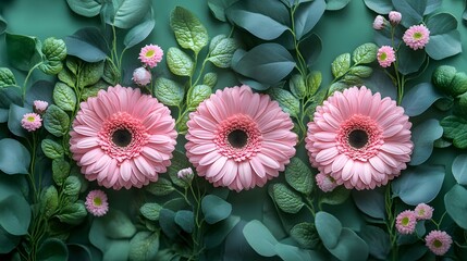 Delicate Floral Pattern Featuring Pink Gerbera Flowers and Green Leaves on a Pastel Green Background for Celebrations