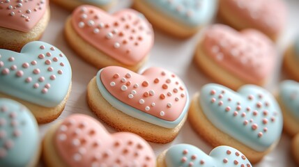 Whimsical Heart-Shaped Biscuit Cookies in Pastel Colors for Valentine's and Mother's Day, Enhanced with a Tilt-Shift Effect Against a White Background