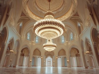 Opulent Interior, A Grand Hall with Ornate Chandeliers and Architecture