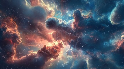 Obraz premium Vivid Colorful Nebula in Space Displaying Bright Blue, Orange, and Red Clouds Illuminated from Within, Surrounded by Distant Stars and Celestial Beauty.