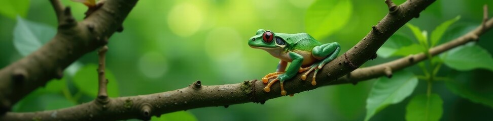 Obraz premium Frog in tree branch with leaves and branches intertwined, habitat, nature