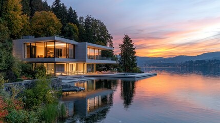 Obraz premium Modern lake house at sunset, reflecting in calm water.