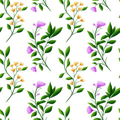 Beautiful green brunches with pink and yellow flowers on a white background, seamless pattern. Watercolor digital illustration. For fabric, textiles,wrappers, covers, prints