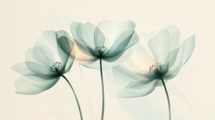 Obraz premium Three soft pastel-colored flowers with gentle petals are gracefully swaying in a tranquil garden, illuminated by the soft light of early morning. The atmosphere is serene and peaceful.