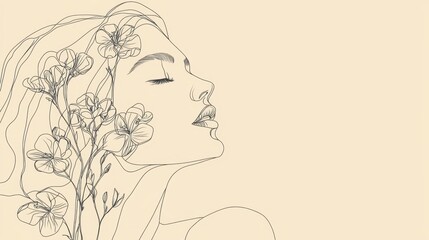 A delicate line drawing captures a serene woman with closed eyes, embracing flowers with a gentle expression. The artwork features soft pastel tones creating a calming ambiance.
