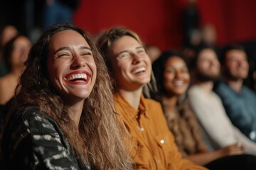 Obraz premium Group of joyful friends laughing together at a live performance event