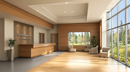 Fototapeta premium Modern Lobby Interior Design: 3D Render of a Tranquil Reception Area with Natural Light AI Generated