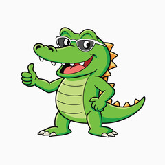 Happy green cartoon crocodile or alligator showing giving thumbs up vector cartoon illustration isolated on white background