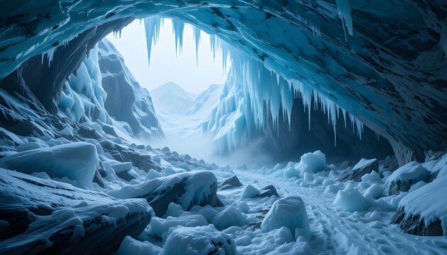 Frozen Ice Cave with Icicles and Snowy Landscape