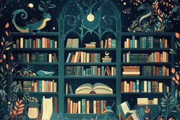 A magical whimsical library with books and fantastical creatures present