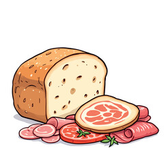 Vsai loaf of bread accompanied by sliced ham, salami, tomato, and herbs