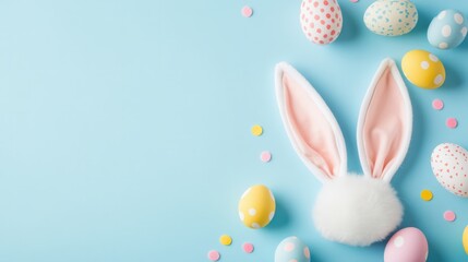 Obraz premium Easter bunny ears and colorful eggs creating festive atmosphere on blue background