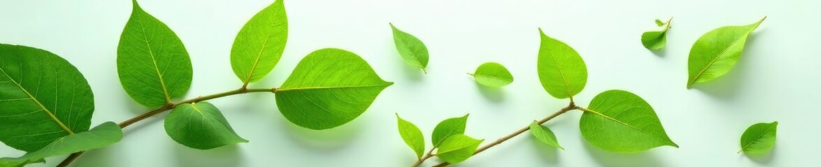 Obraz premium Lush green leaves spread evenly on a plain white surface, plant, white background, botanical