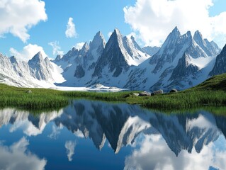 Fototapeta premium Snowy mountains reflecting in a pristine alpine lake under a bright sky
