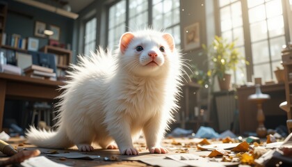 Fototapeta premium Adorable White Ferret Indoors Playing in Sunny Room Fluffy Pet Exploring Messy Home