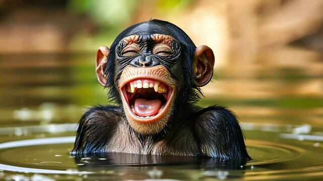 Happy Chimpanzee Baby Laughs in Water,  Natural Habitat,  Joyful Moment, Wildlife
