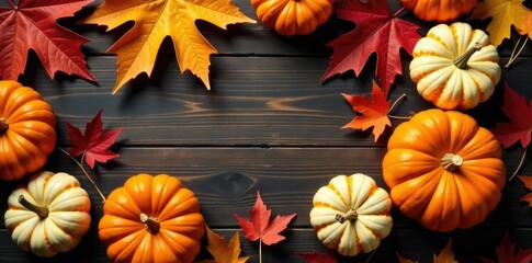 Fototapeta premium Pumpkins and maple leaves adorn a wooden table, table, fall, autumn