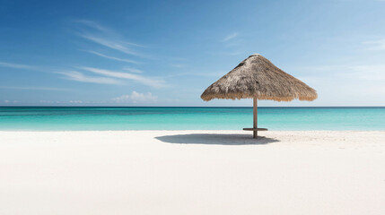 A tranquil scene of azure blue sea meeting pristine white sand, with a palm branch umbrella providing a shade in the serene, untouched landscape. Not a soul in sight, peaceful atmosphere.
