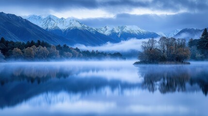 Serene misty lake reflecting snow-capped mountains at dawn.