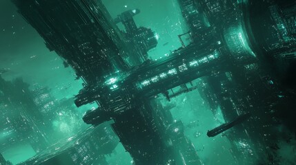 Futuristic Sci-Fi Scene Featuring Massive Teal-Glowing Space Station with Mechanical Details &ndash; High-Tech Industrial Setting and Sense of Scale