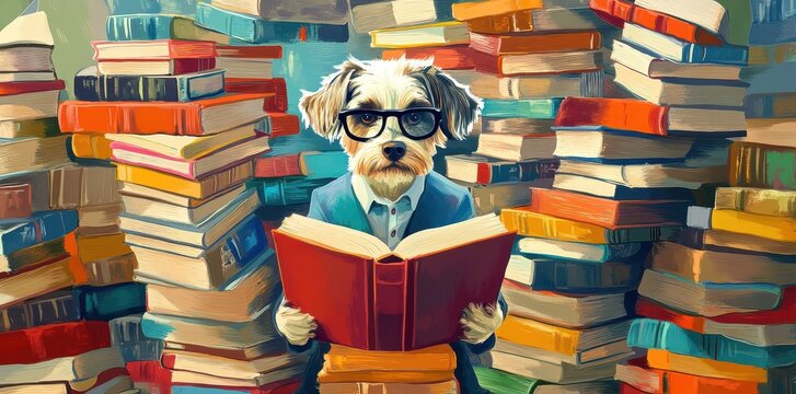 A Dog Wearing Glasses Reads A Book Surrounded By Books