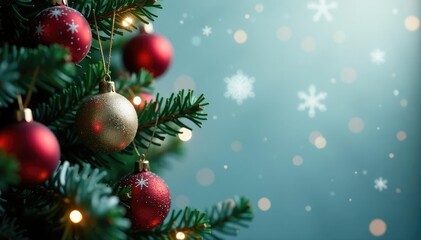 Fototapeta premium Snowflakes gently falling on a decorated Christmas tree, soft, fall, decorations