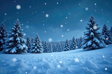 Snowflakes gently falling on a peaceful winter scene, snowy landscape, white trees, calm night sky