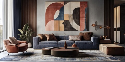A modern living room design with abstract art and furniture