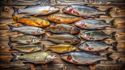 Obraz premium An assortment of various freshwater fish arranged on a rustic wooden surface, showcasing their diverse textures and colors