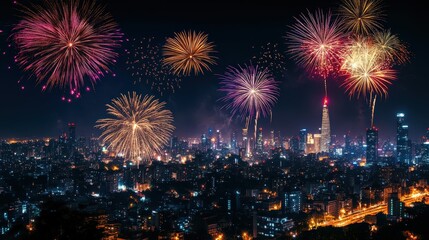 Naklejka premium A breathtaking fireworks display illuminates the city skyline, painting the night sky with vibrant hues. A spectacle of color and light reflecting on the tranquil waters below.
