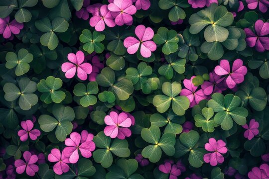 Green clover leaves with pink flowers background  