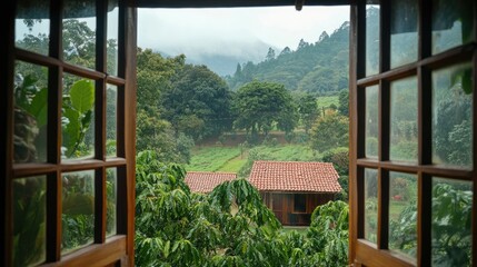 Fototapeta premium View through an open window to a misty mountain cabin retreat