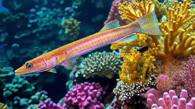 Flute fish swims gracefully among vibrant corals at Great Barrier Reef, Flute fish Chinese Trumpetfish Great Barrier Reef corals Australia Queensland