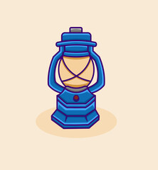 Vintage style blue lantern with yellow light on is designed in flat cartoon style, isolated on white background. illustration vector.