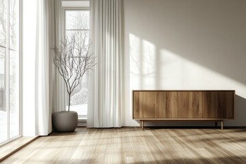 Fototapeta premium Minimalist living room with wooden cabinet, large window, and sunlight.