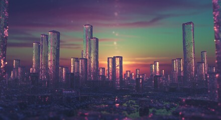 Abstract Futuristic Cityscape at Sunset with Glowing Buildings and Colorful Sky