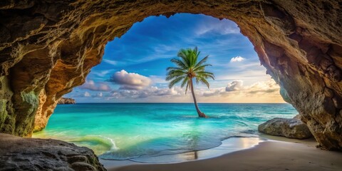 Serene Coastal View Framed by a Rock Cave Opening to a Tranquil Beach Scene with a Single Palm Tree